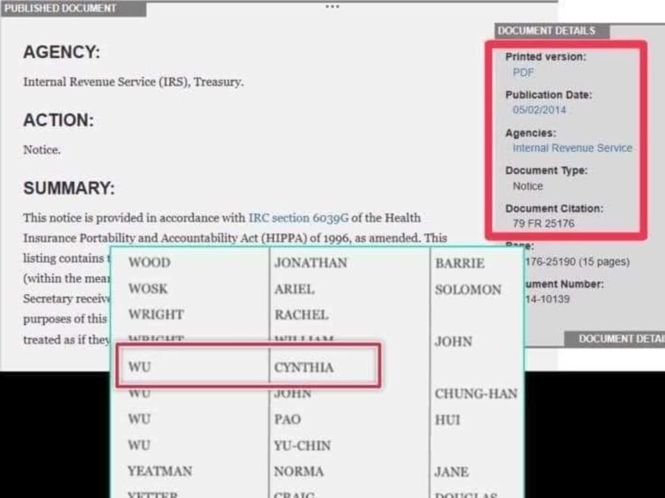 根據美國財政部國稅局資料顯示，2014年第一季放棄國籍的名單中，有位叫Cynthia Wu。（翻攝自翁達瑞臉書）