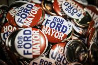 Buttons are seen at Toronto Mayor Rob Ford's campaign launch party in Toronto, April 17, 2014. The Toronto municipal election is set for October 2014.