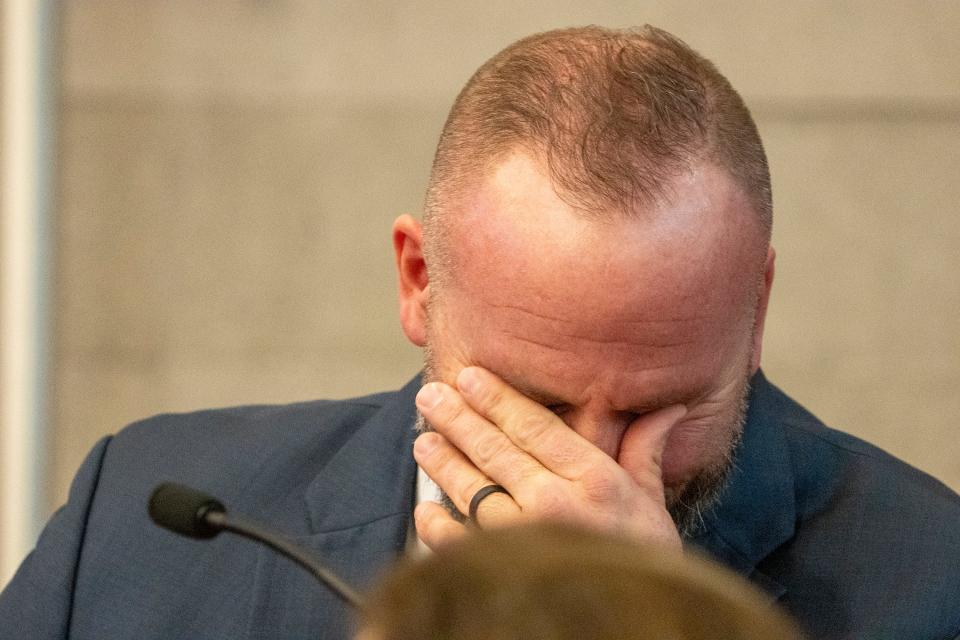 Former Franklin County Sheriff's deputy Jason Meade cries on the stand while discussing how the events of December 4th ruined his son's birthday. Meade is on trial in Franklin County Common Pleas Court for murder and reckless homicide in connection with the shooting death of Goodson on Dec. 4, 2020.