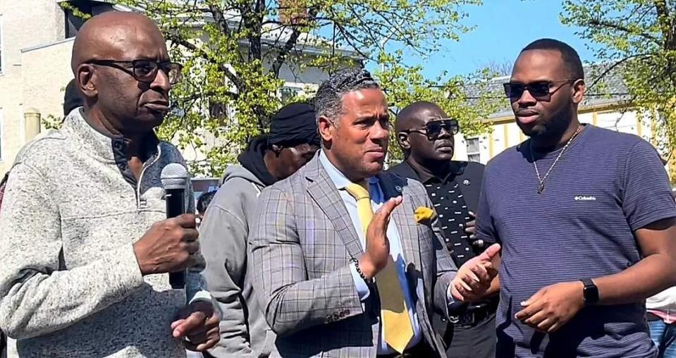 Paterson activist Ernest Rucker (left) with city Councilman Alex Mendez (center) and Justin Rucker, the activist's nephew, at a Masonic Lodge event on Sunday.  Ernest Rucker endorsed Mendez's mayoral bid at the event.