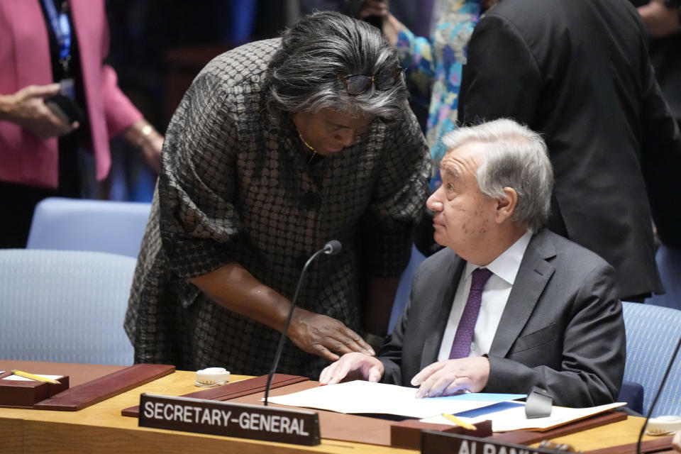 United Nations Secretary-General Antonio Guterres speaks to American Ambassador to the U.N. Linda Thomas-Greenfield before the start of a high level Security Council meeting on the situation in Ukraine, Wednesday, Sept. 20, 2023 at United Nations headquarters. (AP Photo/Mary Altaffer)