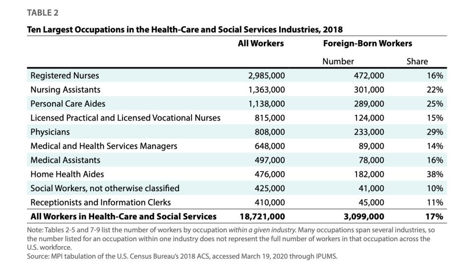 There are nearly 3 million foreign-born professionals in the American health care and social services industries, many of who are currently on the front lines of the coronavirus pandemic. (Photo: Graph provided by Migration Policy Institute )