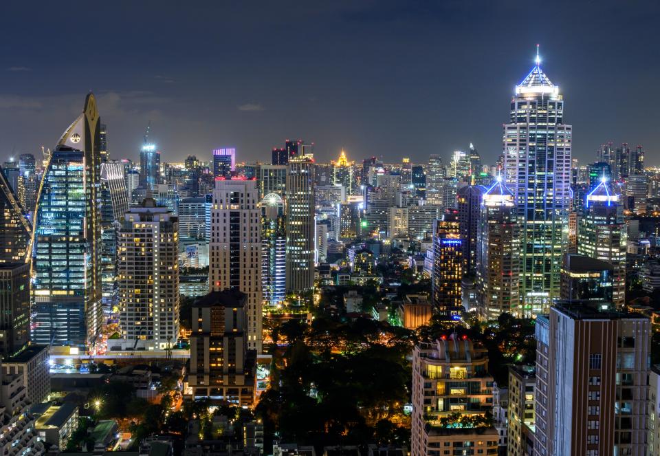 The Bangkok skyline lit up at night