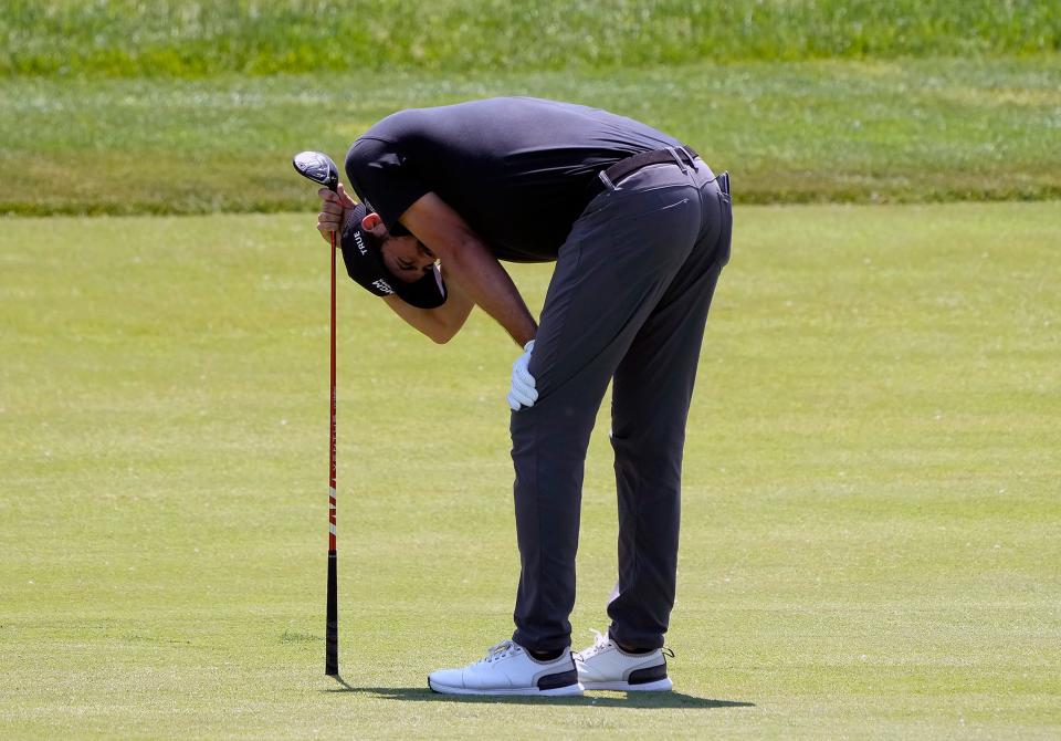 June 1, 2023: Dublin, Ohio, USA;  Mark Hubbard watches his second shot go into the bunker on the 17th hole during the opening round of the Memorial Tournament at Muirfield Village Golf Club.