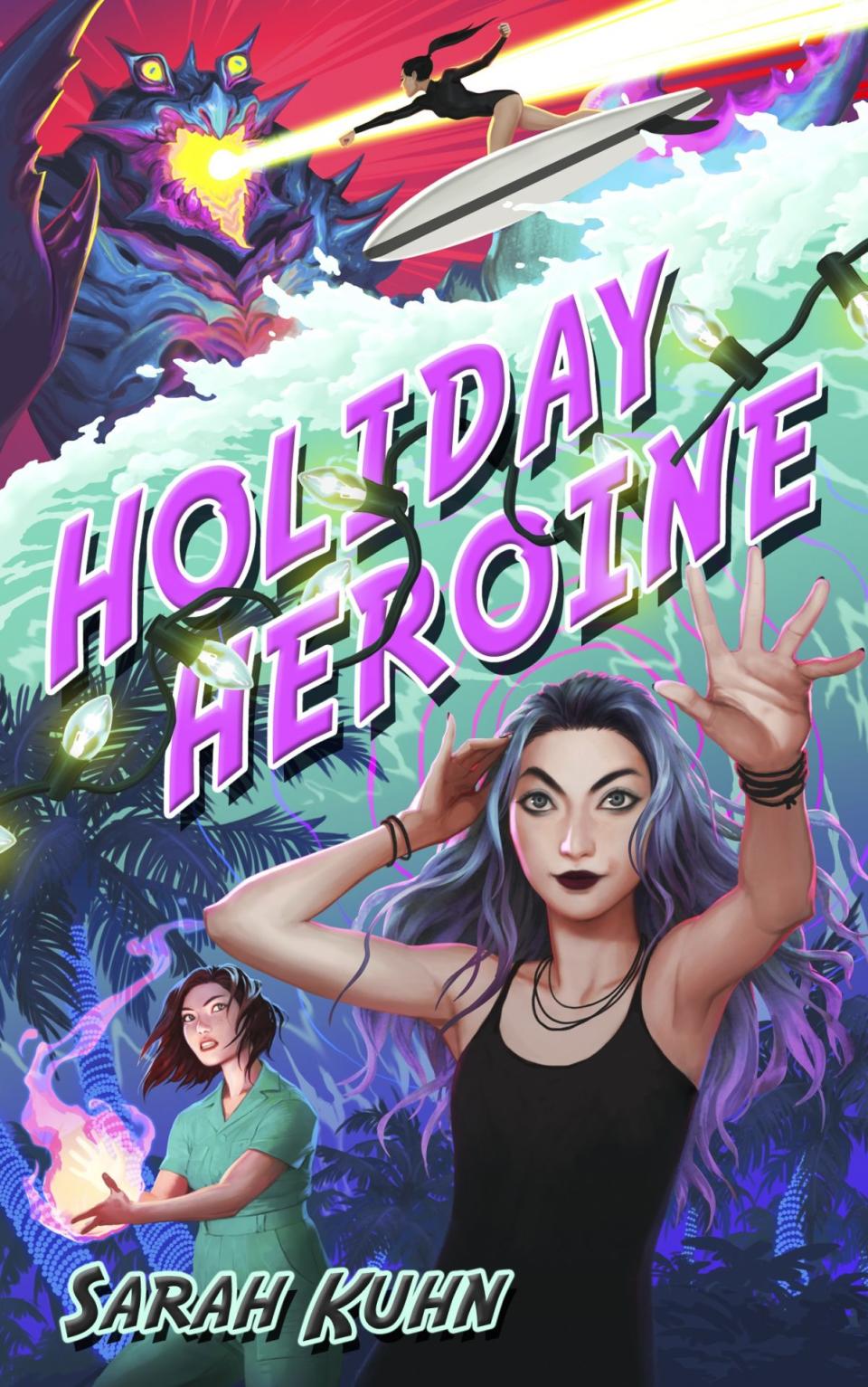 Bea Tanaka lifts her arm on the cover of Holiday Heroine by Sarah Kuhn while her friends do magic and fight in the background