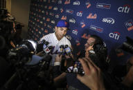 New York Mets new manager Luis Rojas speaks with the media after his introduction at a news conference, Friday, Jan. 24, 2020, in New York. (AP Photo/Bebeto Matthews)