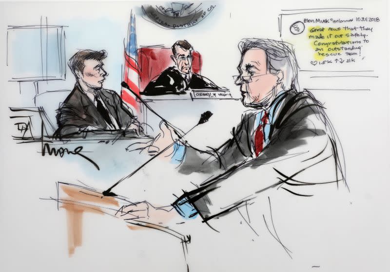 Plaintiff attorney L. Lin Wood is shown with Elon Musk and Judge Stephen Brown looking on, in a courtroom drawing during the trial in a defamation case filed by British cave diver Vernon Unsworth against Musk, in Los Angeles