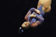 Jordan Chiles performs in the floor exercise during the Winter Cup gymnastics competition, Saturday, Feb. 27, 2021, in Indianapolis. (AP Photo/Darron Cummings)