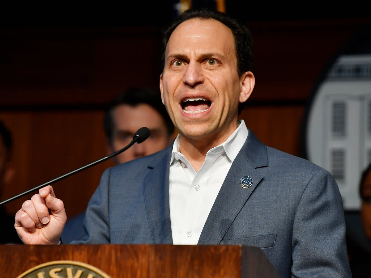 Louisville Mayor Craig Greenberg speaks during a news conference on Monday's bank shooting at Metro Hall in Louisville, Ky., Tuesday, April 11, 2023 (AP)