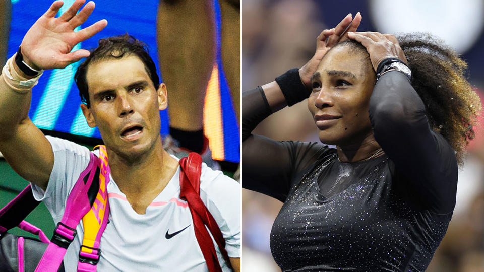 Pictured left to right, Rafa Nadal and Serena Williams after their US Open defeats in 2022.