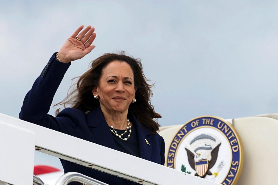 Vice President and 2024 Democratic presidential candidate Kamala Harris boards Air Force Two as she departs for Houston, Texas, from Joint Base Andrews, Maryland, on July 31, 2024.