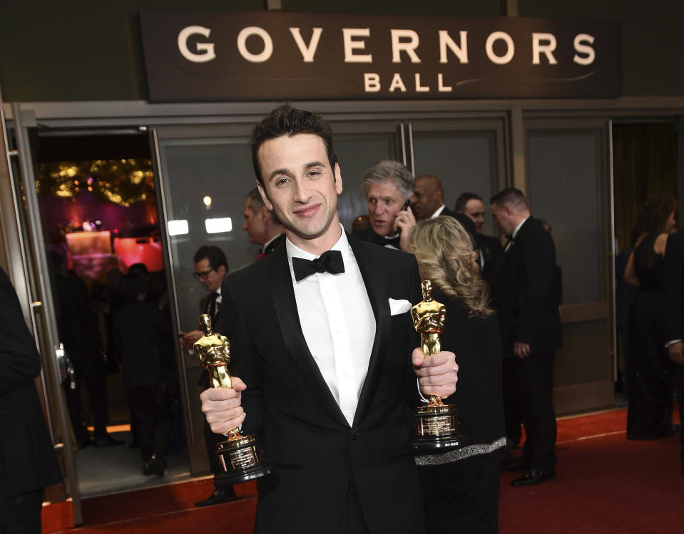 FILE - In this Feb. 26, 2017, file photo, Justin Hurwitz, winner of the award for best original score for "La La Land" and best original song for "City of Stars" from "La La Land," attends the Governors Ball after the Oscars at the Dolby Theatre in Los Angeles. Lionsgate announced Monday, March 6, that “La La Land In Concert: A Live-to-Film Celebration” will come to the Hollywood Bowl on May 26-27. The live shows will be conducted by Hurwitz. (Photo by Al Powers/Invision/AP, File)
