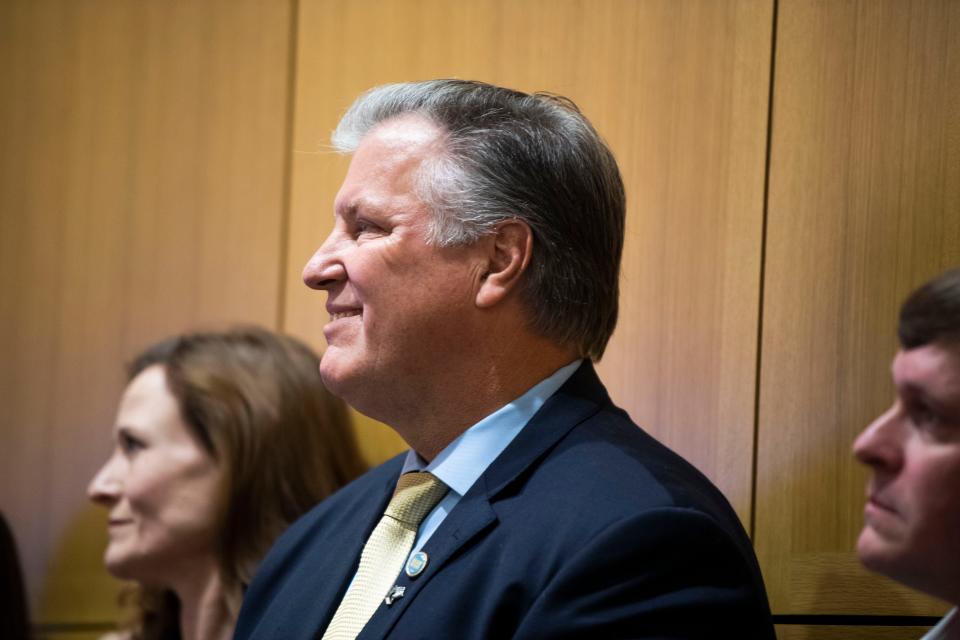 Rep. Scott Cepicky, R-Culleoka, listens to Gov. Bill Lee’s new statewide school choice program, Education Freedom Scholarship Act, alongside former Nashville mayoral candidate Alice Rolli at the Tennessee State Museum in Nashville, Tenn., Tuesday, Nov. 28, 2023.