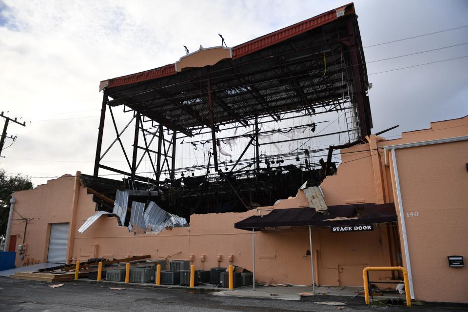 The fly tower of Venice Little Theater was destroyed by winds from Hurricane Ian on Tuesday, Sept. 29, 2022 in downtown Venice, Florida. . 