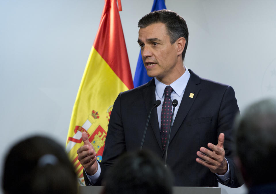 FILE - In this file photo dated Tuesday, July 2, 2019, Spanish Prime Minister Pedro Sanchez speaks during a media conference during an EU summit in Brussels. It is announced Friday July 19, 2019, that Sanchez is ready to create a coalition government with the United We Can party, so long as its leader, Pablo Iglesias, is not part of the future Cabinet. (AP Photo/Virginia Mayo, FILE)