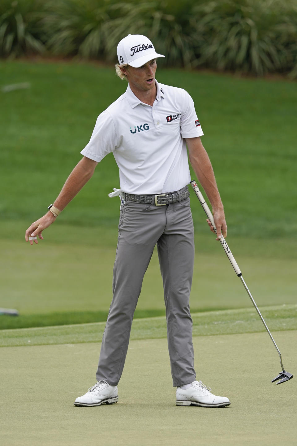 Will Zalatoris reacts to his putt on the second green during the third round of the Arnold Palmer Invitational golf tournament Saturday, March 6, 2021, in Orlando, Fla. (AP Photo/John Raoux)