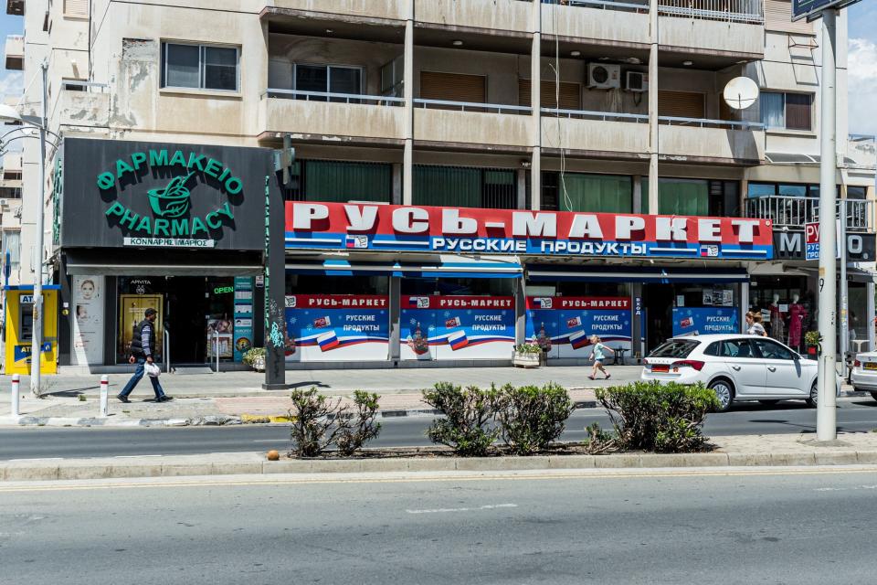 A Russian supermarket in Limassol, Cyprus, on Apr. 21, 2023. Russian money runs deep into Cyprus, known for its lax law and opaque judicial system that attracts oligarchs and dirty money. (Photo by Kostas Pikoulas/NurPhoto via Getty Images)