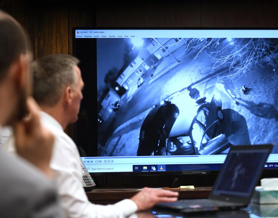 Stark County Assistant Prosecutor Dennis Barr shows video evidence found while preparing for the trial of Anthony Hinton in the shooting death of Dajuan T. Wheat, 26, of Canton. The video shows Wheat point a firearm at Hinton before Hinton began shooting, he said.