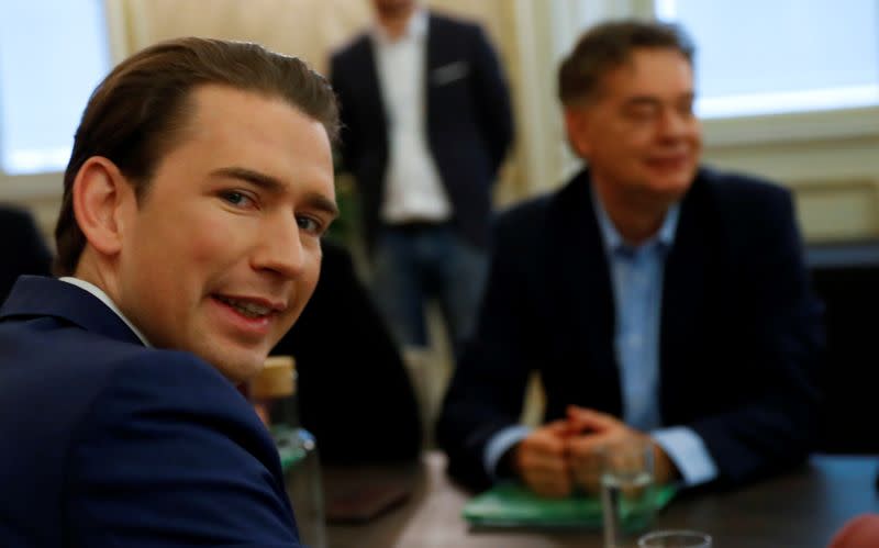 FILE PHOTO: Austrian Conservative leader Sebastian Kurz (L) and Greens party chief Werner Kogler meet for coalition talks in Vienna