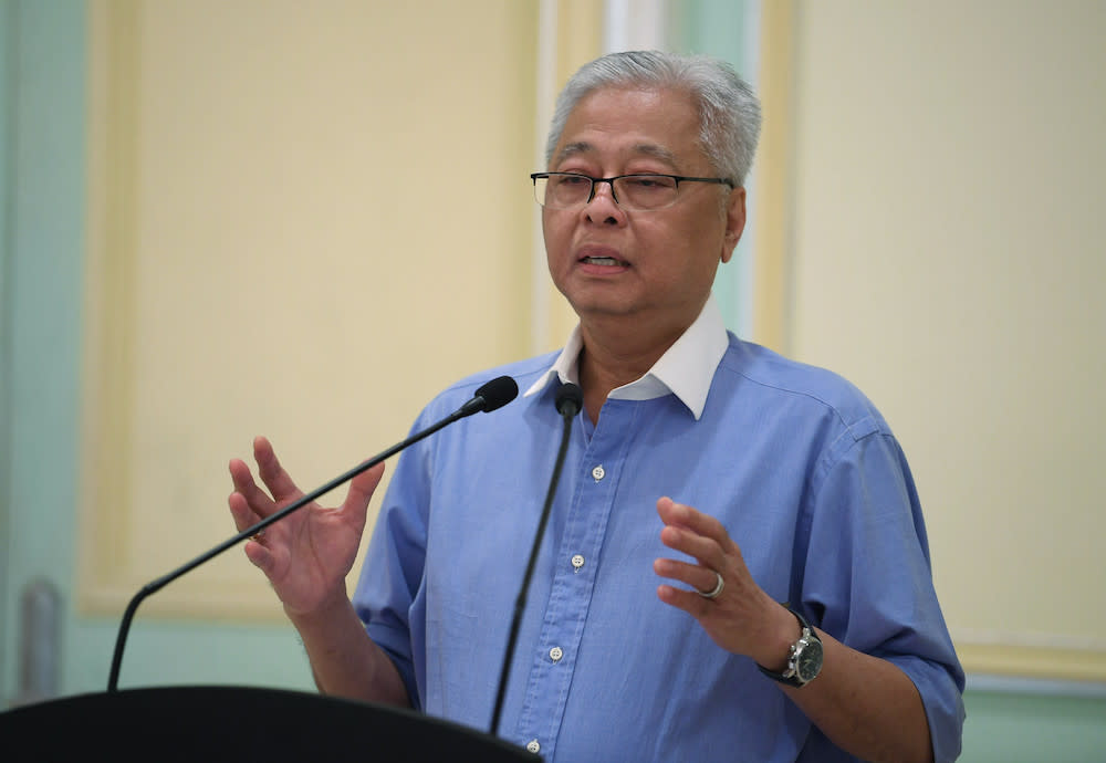 Senior Minister Datuk Seri Ismail Sabri Yaakob speaks during a press conference in Putrajaya April 5, 2020. — Bernama pic