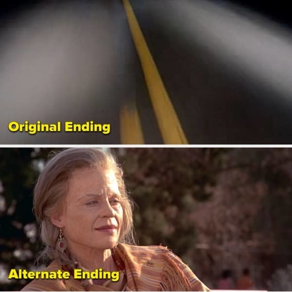 a woman in the alternate ending and the original ending shows the lines on a road