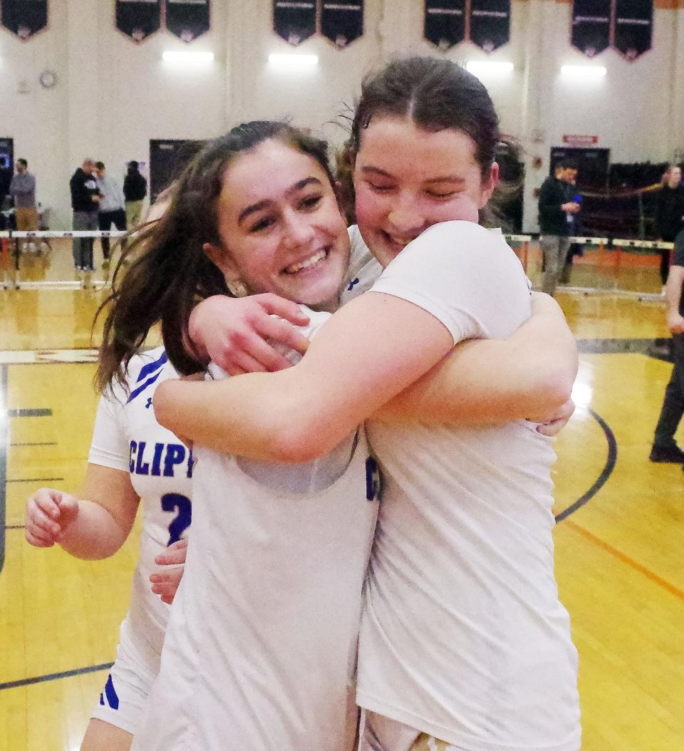 Alex Cassidy and Mia Marsh give each other a big hug after the Lady Clippers beat Medway for the Division 3 playoff game held in Taunton on Monday, March 11, 2024.
