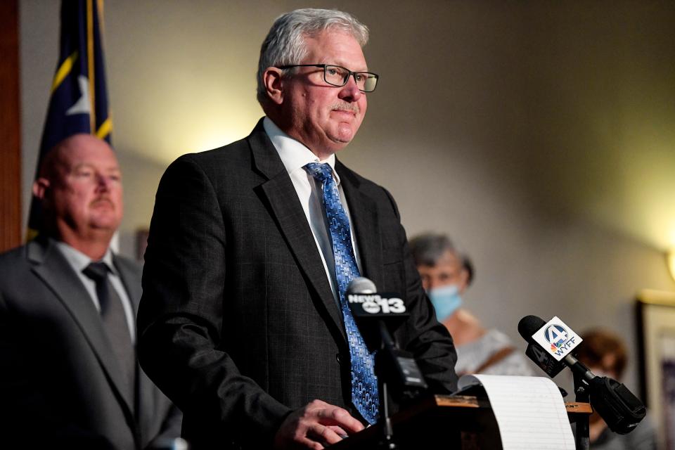  District Attorney Andrew Murray speaks at a news conference regarding the life sentencing of Phillip Michael Stroupe II Aug. 31.