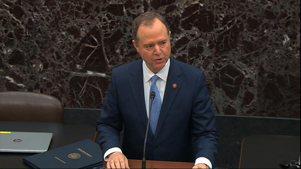 In this image from video, House impeachment manager House Intelligence Committee Chairman Adam Schiff, D-Calif., speaks as the impeachment trial against President Donald Trump begins in the Senate at the U.S. Capitol in Washington, Thursday, Jan. 16, 2020. (Senate Television via AP)