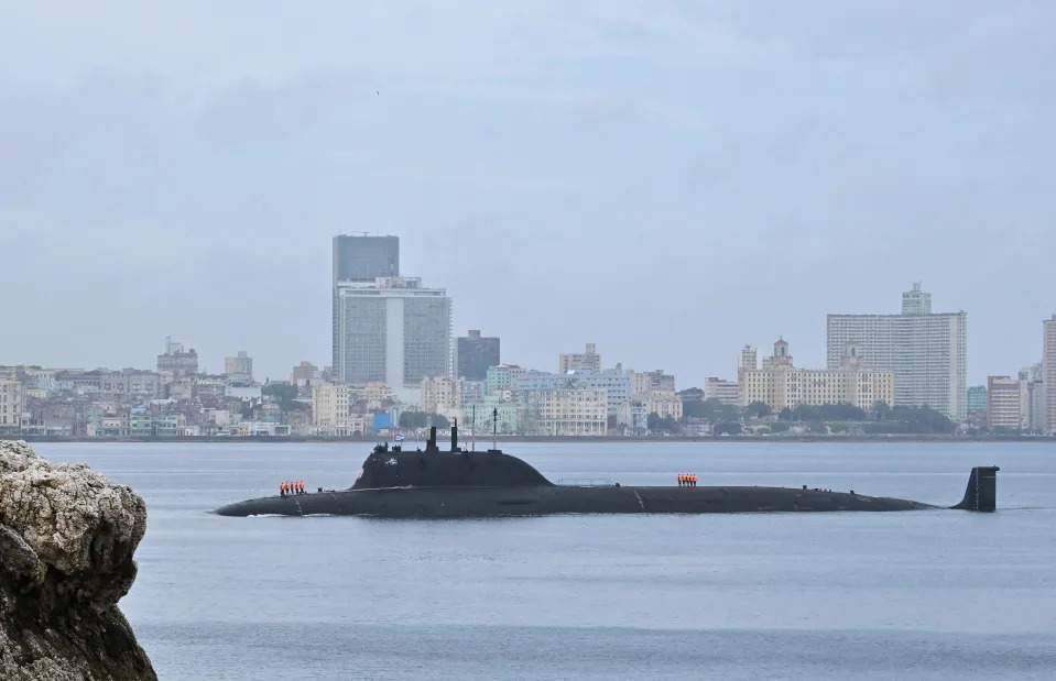 The Russian nuclear-powered submarine Kazan, part of the Russian naval detachment visiting Cuba, arrives at Havana's harbour, June 12, 2024.