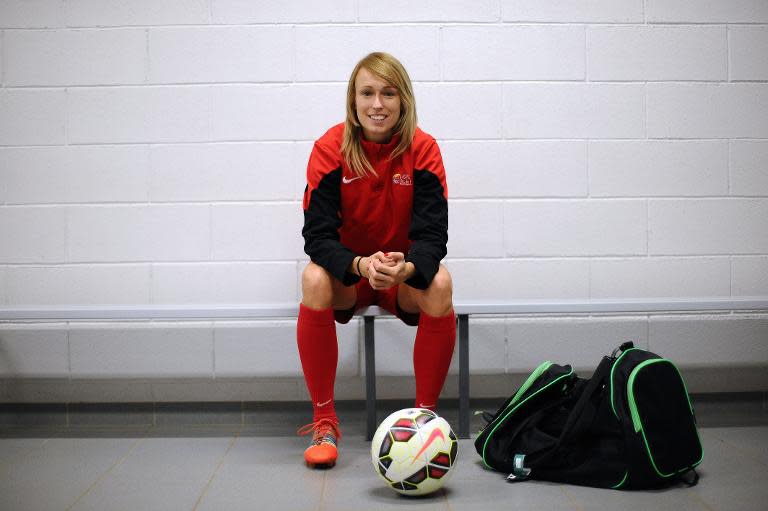 Irish forward Stephanie Roche poses in the locker room of her French Ligue 1 football club Albi in Albi, France on November 24, 2014