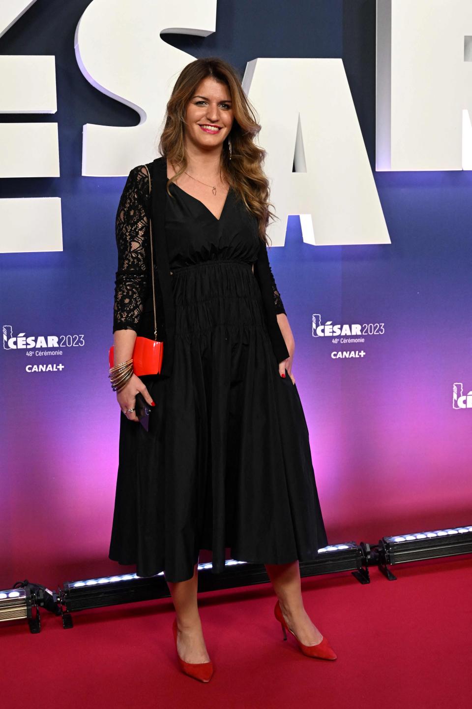 French Secretary of State for Social Economy and Associations Marlene Schiappa poses upon arrival prior to the 48th edition of the Cesar Film Awards ceremony at the Olympia venue in Paris on February 24, 2023.