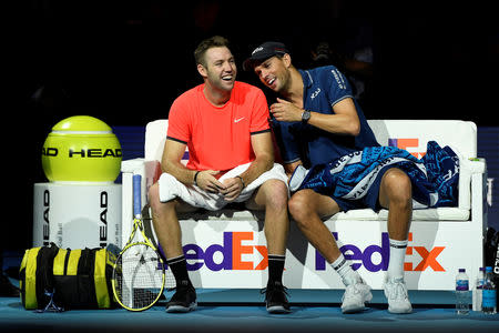 Tennis - ATP Finals - The O2, London, Britain - November 18, 2018 Mike Bryan and Jack Sock of the U.S. celebrate after winning the doubles final Action Images via Reuters/Tony O'Brien