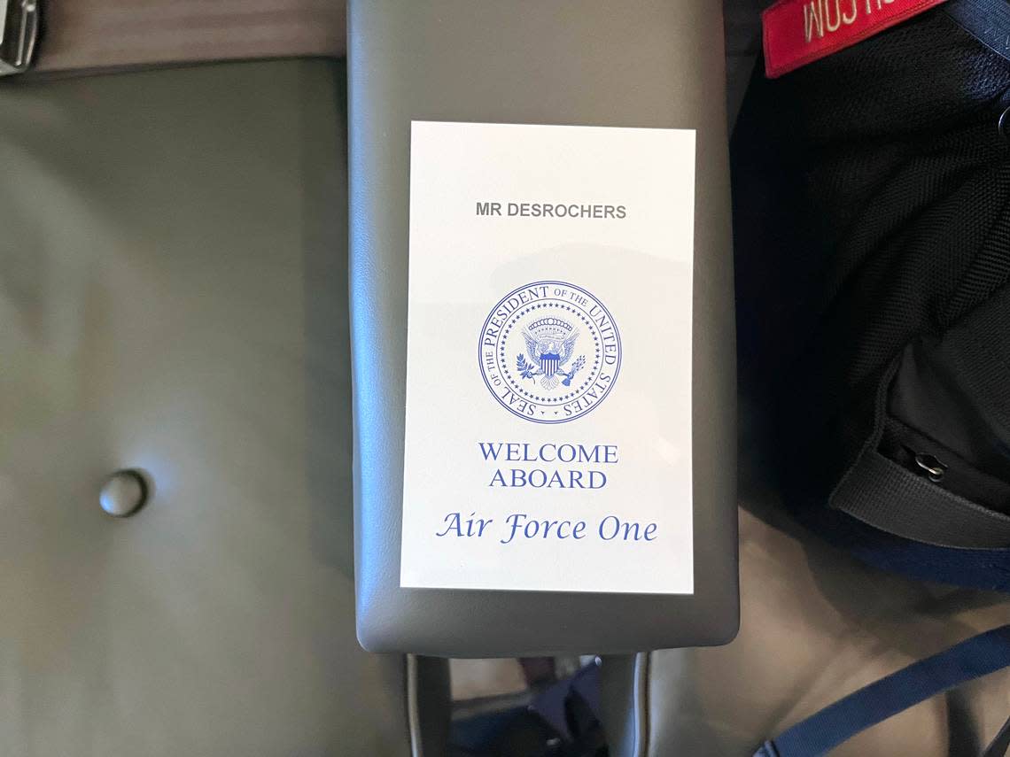 Each reporter traveling on Air Force One is greeted by a card welcoming them aboard on their assigned seat.