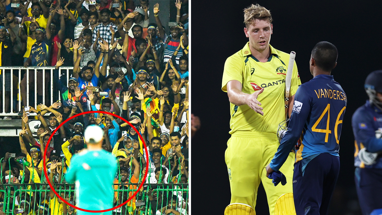 The Colombo crowd (pictured left) cheer Australia and (pictured right) Cameron Green shakes hand with Jeffrey Vandersa.