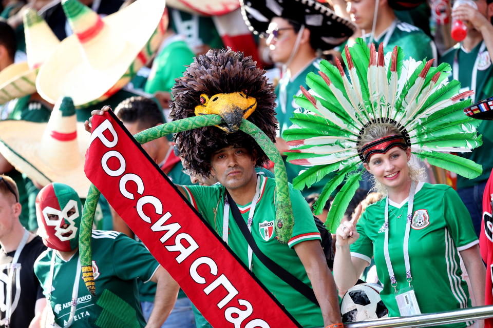<p>Team Mexico’s fans ahead of the 2018 FIFA World Cup First Stage Group F football match against Sweden at Ekaterinburg Arena Stadium. Sergei Bobylev/TASS (Photo by Sergei Bobylev\TASS via Getty Images) </p>