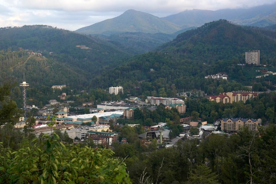 The city of Gatlinburg, Tenn., sits near the Great Smoky Mountains National Park Oct. 13, 2021.