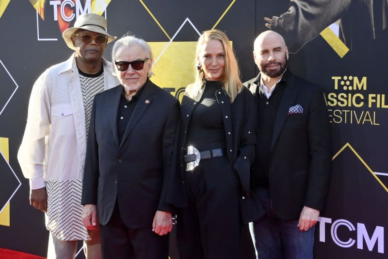 Samuel L. Jackson, Harvey Keitel, Uma Thurman and John Travolta, from left to right, attend the 30th anniversary screening of "Pulp Fiction" at the TCM Classic Film Festival on Thursday. Photo by Jim Ruymen/UPI