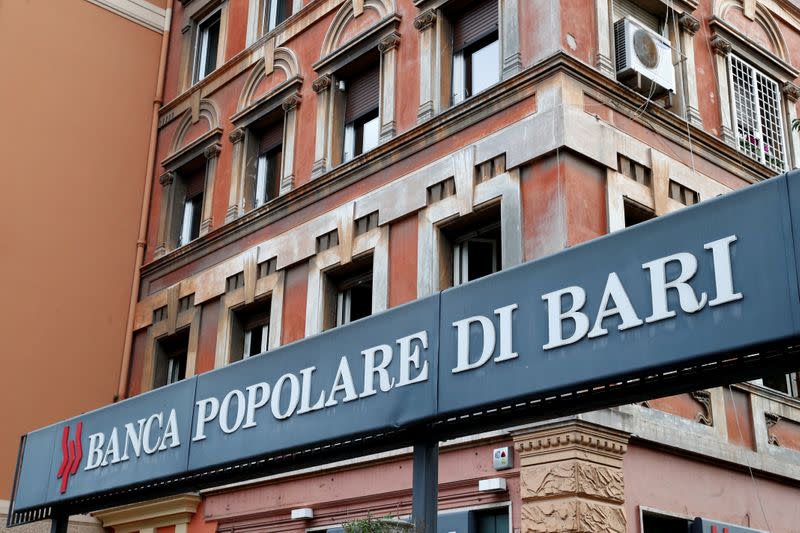 FILE PHOTO: The logo of Banca Popolare di Bari bank is pictured outside the company's branch in Rome