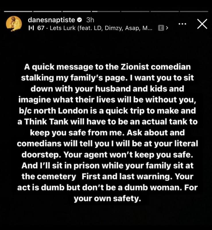 Dane Baptiste’s post on his Instagram stories has since been removed. (Instagram)