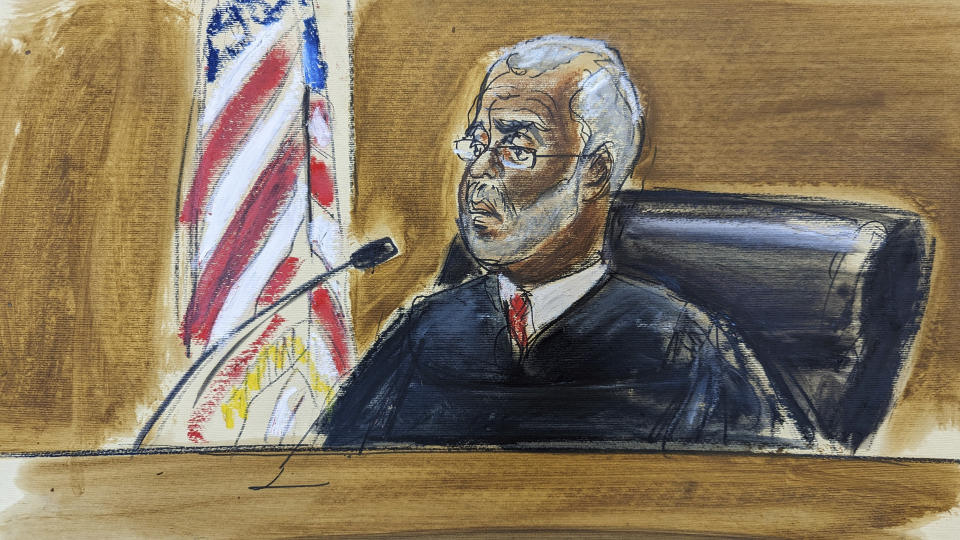 In this courtroom sketch, Judge Vernon Broderick presides over the sentencing of Sayfullo Saipov, Wednesday, May 17, 2023, in federal court in New York. Saipov was given 10 life sentences and another 260 years in prison on Wednesday for killing eight people with a truck on a bike path in Manhattan and severely injuring 18 others. (AP Photo/Elizabeth Williams)