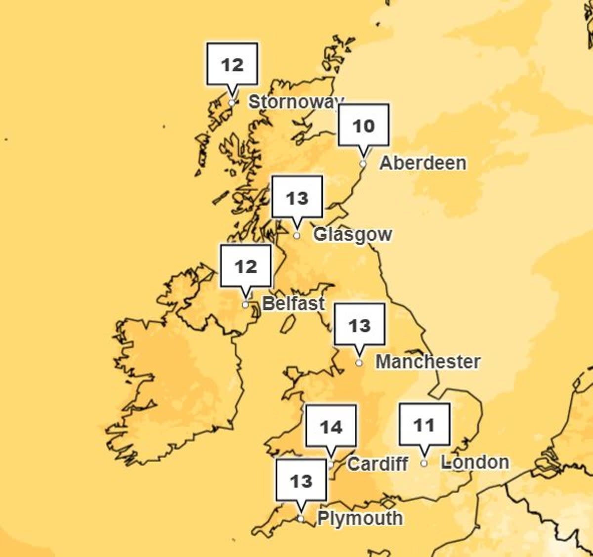 Temperatures will cool slightly on Thursday but remain relatively warm, especially in the South West of England (Met Office)