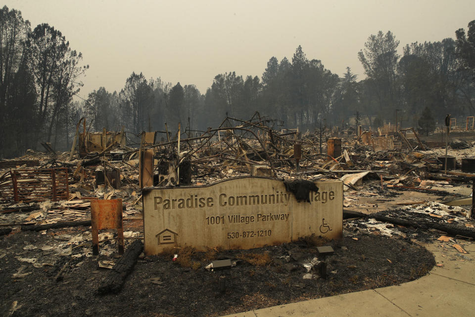 A sign stands at a community destroyed by the fire in Paradise. Source: AP