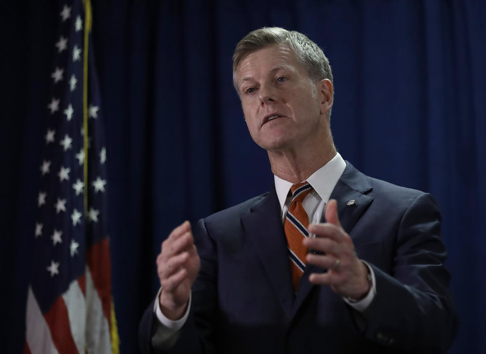 David L. Anderson, U.S. Attorney for the Northern District of California, gestures during a media conference Tuesday, Jan. 28, 2020, in San Francisco. A top San Francisco official tasked with keeping the streets clean has been charged with public corruption in schemes that include offering a bribe for space at San Francisco International Airport, providing inside information to a friend seeking permits to build homeless shelters and accepting lavish gifts from a billionaire Chinese developer. San Francisco Public Works Director Mohammed Nuru made an initial appearance in court Tuesday along with Nick Bovis, the owner of Lefty O' Doul's, a popular sports bar in Fisherman's Wharf and other city businesses. Each was ordered held on $2 million bail. (AP Photo/Ben Margot)