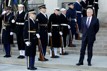 U.S. Defense Secretary James Mattis (R) waits to welcome Saudi Arabia's Deputy Crown Prince and Minister of Defense Mohammed bin Salman at the Pentagon in Washington, U.S., March 16, 2017. REUTERS/Yuri Gripas