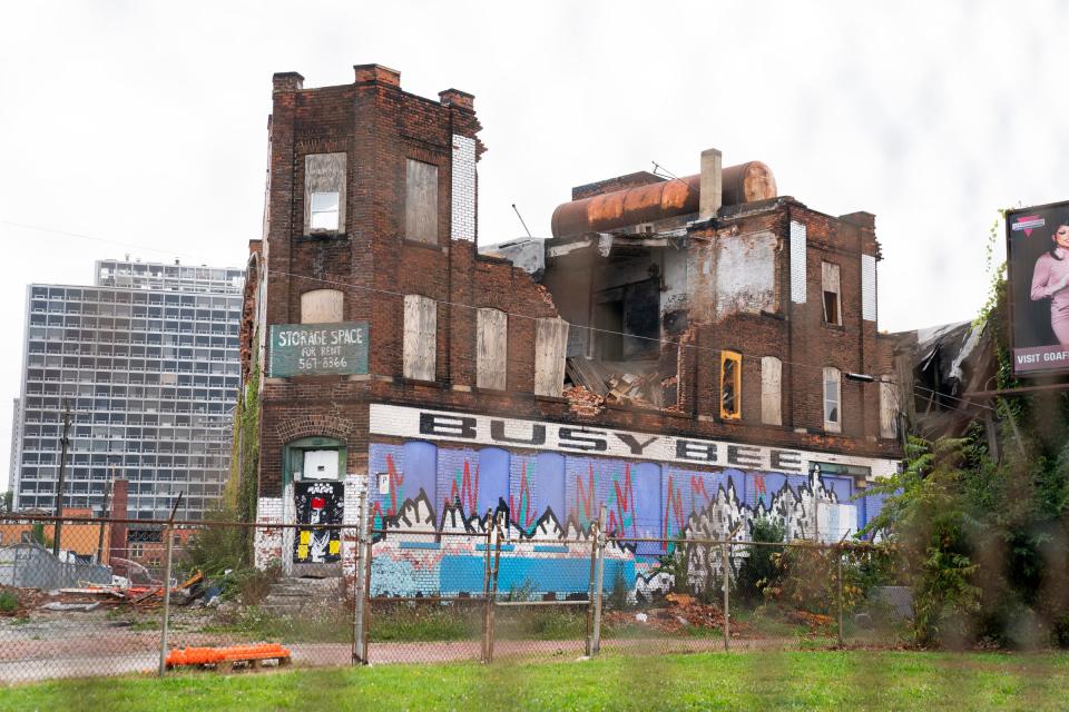 Develop Detroit proposed a mixed use project for a triangular piece of property bounded by Gratiot, Russell Street and Maple Street, site of the former Busy Bee Hardware warehouse, on Friday, Sept. 29, 2023. Six or seven years later, there has been no progress.