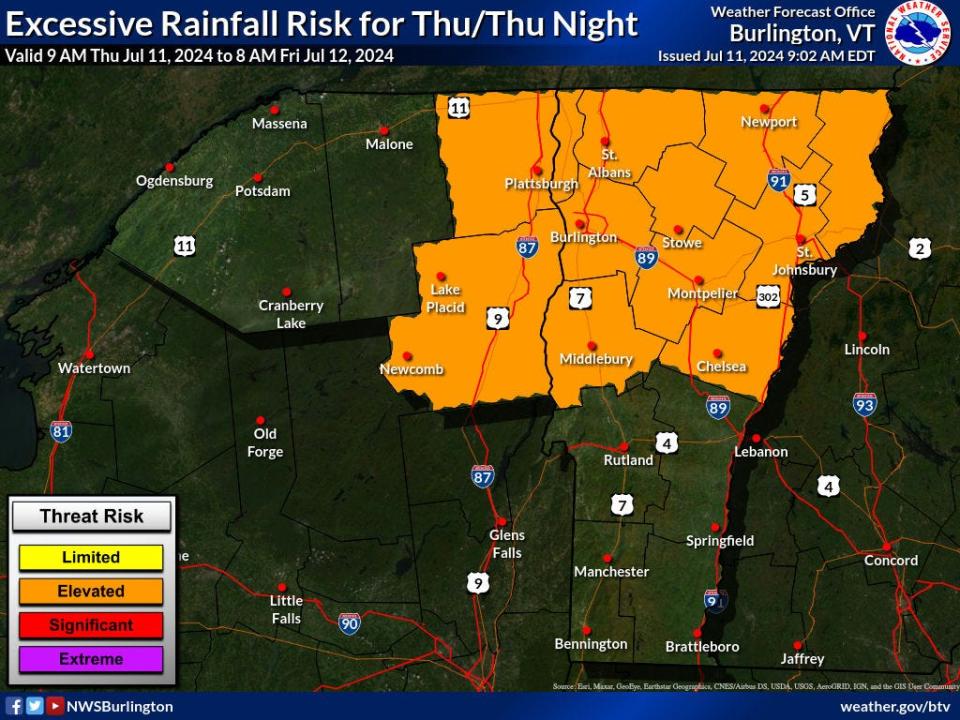 Map shows areas of Vermont under risk of excessive rainfall on Thursday, July 11, 2024.