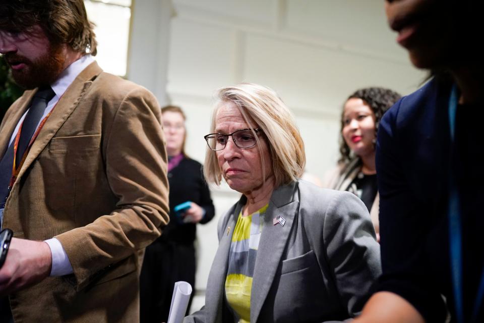 Rep. Mariannette Miller-Meeks, R-Iowa, walks from a closed door Republican conference meeting at the Capitol in Washington, Thursday, Oct. 19, 2023. Miller-Meeks, who voted against Jordan on the second ballot, said she received "credible death threats and a barrage of threatening calls."