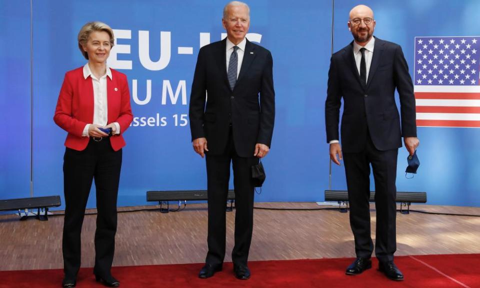 Joe Biden at the EU headquarters in Brussels, Belgium on Tuesday with European Council president Charles Michel and European Commission president Ursula von der Leyen