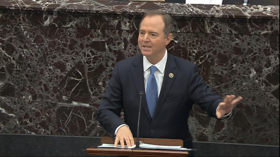 In this image from video, House impeachment manager Rep. Adam Schiff, D-Calif., speaks during the impeachment trial against President Donald Trump in the Senate at the U.S. Capitol in Washington, Thursday, Jan. 23, 2020. (Senate Television via AP)