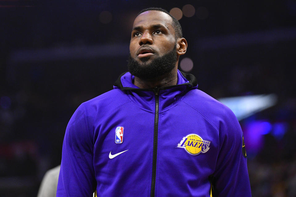 LOS ANGELES, CA - MARCH 08: Los Angeles Lakers Forward LeBron James (23) looks on before a NBA game between the Los Angeles Lakers and the Los Angeles Clippers on March 8, 2020 at STAPLES Center in Los Angeles, CA. (Photo by Brian Rothmuller/Icon Sportswire via Getty Images)